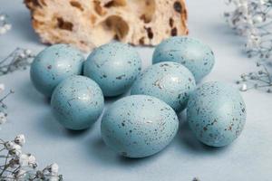 Pastel Easter eggs background. Spring greating card. Easter eggs in basket photo