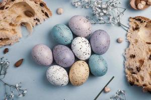 Pastel Easter eggs background. Spring greating card. Easter eggs in basket photo