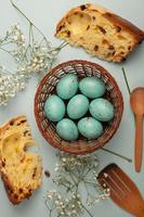 Pastel Easter eggs background. Spring greating card. Easter eggs in basket photo