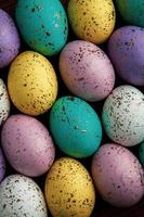 Pastel Easter eggs background. Spring greating card. Easter eggs in basket photo
