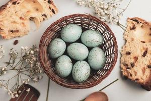 Pastel Easter eggs background. Spring greating card. Easter eggs in basket photo