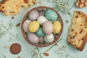 Pastel Easter eggs background. Spring greating card. Easter eggs in basket photo