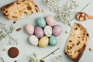 Pastel Easter eggs background. Spring greating card. Easter eggs in basket photo