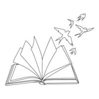 Open book with birds flying out of it Line art drawing vector illustration.Imagination for Education,idea and learning concept.International Literacy Day.Cultural knowledge or reading imagination