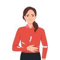Diarrhea or constipation, problems with health concept. Young sad Woman standing feeling pain in stomach touching it with hands having Abdomen disease and illness vector