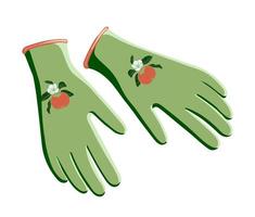 vector image of green gardening gloves with an image of an apple on a transparent background. illustration of household gloves for gardening and vegetable gardening