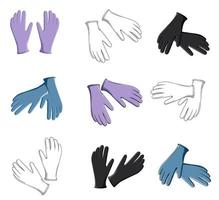a set of medical gloves of different colors in different hand positions. contour vector illustration and color image of gloves