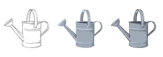 vector set of images of a metal garden watering can on a transparent background. black outline and color image of a metal garden watering can