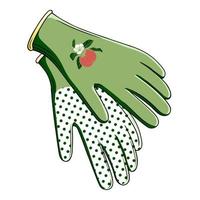 vector image of gardening gloves in green color with an image of an apple on a transparent background. illustration of home gloves to protect hands while doing housework, gardening or vegetable garden