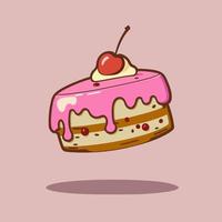 Piece of cake with pink cream and cherry. vector