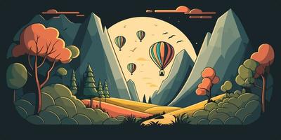 A cartoon illustration of a landscape with a hot air balloon in the foreground. vector