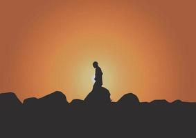 silhouette of the person in nature at sunset, vector illustration.