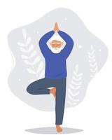 An elderly man does yoga, goes in for sports, monitors his health. Active old man on the move. Vector graphics.