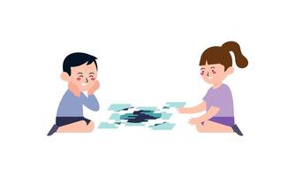 Happy cute little kid boy and girl play together for make a big puzzle illustration vector