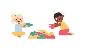 Happy cute little kid boy and girl play together for make a big puzzle illustration vector