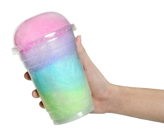 hand holding cotton candy in plastic cup isolated png