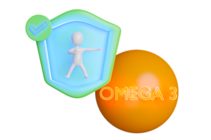 3d schützen Ihre Gesundheit mit Omega 3 fettig Säuren, Schild Symbol, Stock Mann Miniatur, Häkchen, das Vitamine Ihre Körper Bedürfnisse isoliert. 3d machen Illustration png