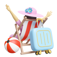 3d personaggio cartone animato donna viaggio su estate spiaggia con spiaggia sedia, sfera, valigia, cappello, stella marina, turismo viaggio concetto, 3d rendere illustrazione png