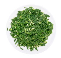 Chop up the garlic chive on white dish,top view isolated png