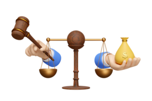 3d justice scales with hand holding wooden hammer, money bag icon isolated. law, auction, justice system symbol concept, 3d render illustration