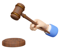 3d wooden judge gavel, hand holding hammer auction with stand isolated. law, justice system symbol concept, 3d render illustration png