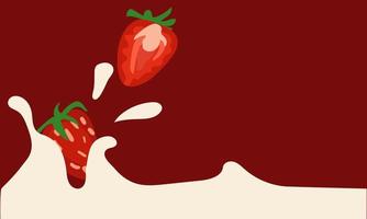 Strawberries fall into milk on a red background. A banner of strawberries whole and in section, which falls into white cream and forms splashes. Vector illustration. Printing a banner, a flyer