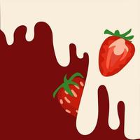 Strawberries flow down the wall with milk on a red background. A banner of strawberries whole and in section, which falls into white cream and forms smudges. Vector illustration. Printing a banner