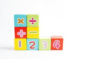 Number wood block cubes for learning Mathematic, education math concept. photo