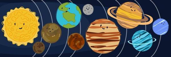 vistoso planetas de el solar sistema en orden con líneas en espacio. dibujos animados brillante planetas de el solar sistema Moviente alrededor el Dom en su órbitas en un azul antecedentes. espacio aventuras, ilustración vector