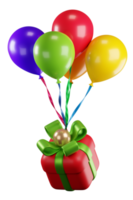3d ilustración de manojo de vistoso globos con cintas participación un regalo caja. cumpleaños y celebracion fiesta decorativo elemento png