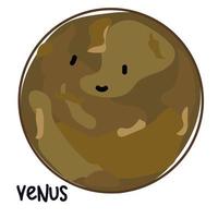 Isolated large colored planet Venus with a face and signature. Cartoon vector illustration of a cute smiling planet in the solar system. Use for a logo for children's products