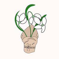 Snowdrops in paper packaging tied with a string. Delicate vector flowers for design. Isolated object