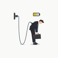 Businessman charging, low charge energy because tired, overworked or stressed vector illustration