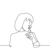 woman with a bob haircut put her index finger to her closed mouth - one line drawing vector. concept of the call of silence, the vow of silence, women's silence vector