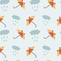 Seamless pattern with umbrellas and a cloud with droplets on a blue background. vector