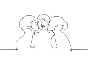 woman and man kiss child on cheeks, child is happy - one line drawing vector. concept parental love vector