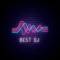 Neon wave sign. Glowing abstract waves and text DJ on brick wall background. vector