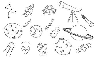 A black and white drawing of various planets and a telescope. Space elements doodle vector