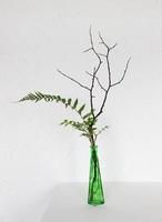 minimalista ramo de flores en el estilo de ikebana. rama, helecho, verde florero en blanco antecedentes. inspirado por chino tradicional Arte foto