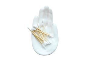 1966 branco prato dentro a forma do uma mão com cotonetes isolado em uma transparente fundo png