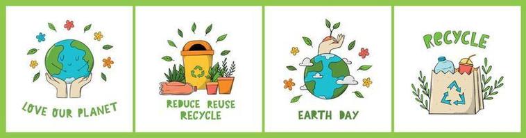 set of environment sustainability, zero waste posters, prints, cards, banners, stickers decorated with lettering quotes and doodles. EPS 10 vector