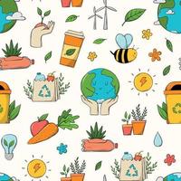 Eco friendly, ecological sustainability, zero waste seamless pattern with doodles, clip art, cartoon elements for wrapping paper, scrapbooking, wallpaper, prints, backgrounds, etc. EPS 10 vector