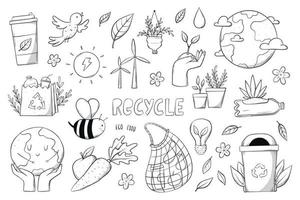 Set of environment doodles, ecological sustainability cartoon elements, kids coloring page. Zero waste illustration for stickers, prints, cards, clip art. EPS 10 vector
