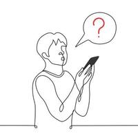 confused man standing holding phone in front of him next to speech bubble with big question mark - one line drawing vector. concept to be confused because of the news, embarrassment from sms messages vector