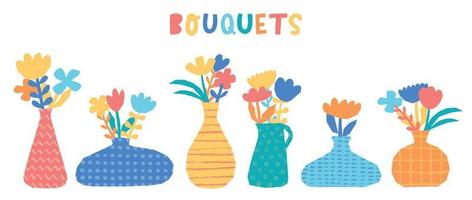 set of colorful textured vases with bouquets of flowers isolated on white background. Good for greeting cards, posters, prints, stickers, sublimation, etc. EPS 10 vector