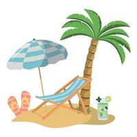 Beach holiday clipart with sling chair, parasol, drink, slippers on the sand coast. Colorful summer design. Desing for postcards and banners. Vector illustration in flat style