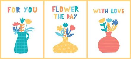 set of posters, prints, cards decorated with flowers in vaes and lettering quotes. Good for birthday greeting cards, women's day and mother's day posters, invitations, banners, etc. EPS 10 vector