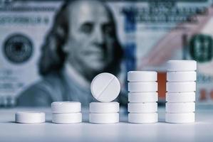 pills stacked against dollar bill background photo