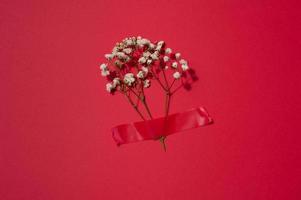 A bouquet of white gypsophila is glued with red electrical tape on a red background photo