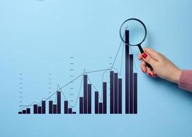 A woman's hand holds a magnifying glass and a graph with growing indicators, studying data, analyzing statistics photo